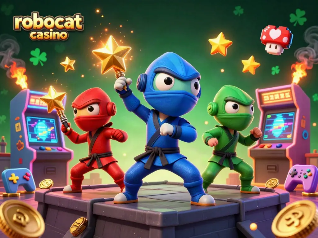 Experience the vibrant energy of robocat casino with ninja chameleons and gaming elements in a dynamic illustration.