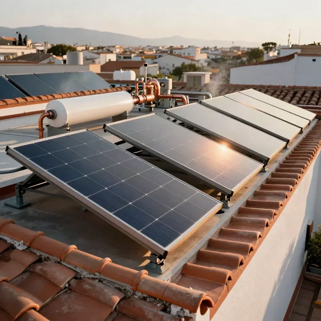 Colectores solares térmicos en azotea española con depósito blanco y luz cálida.