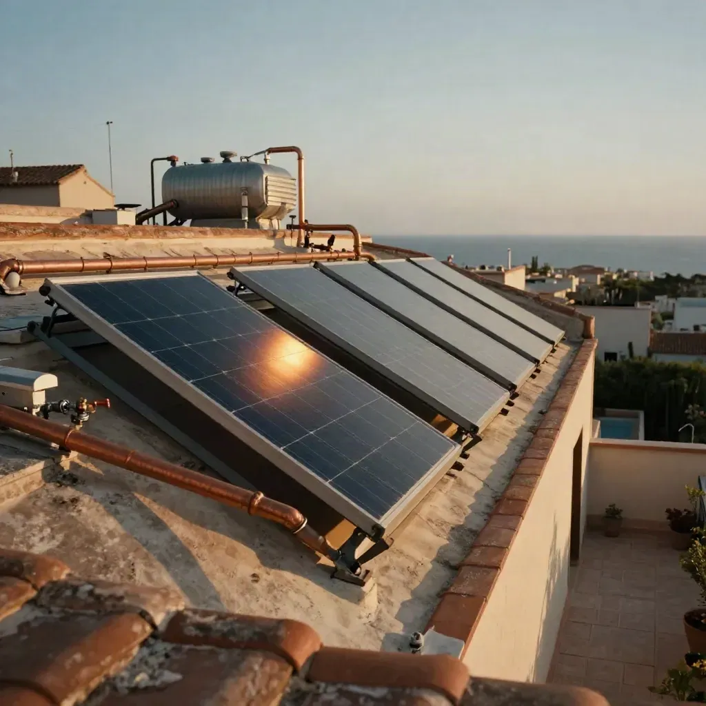 Sistema solar térmico en tejado español al atardecer, con paneles, tuberías de cobre y depósito.