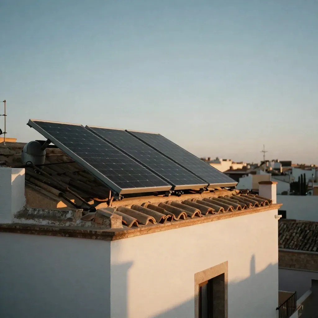 Cubierta de casa valenciana con colectores solares y depósito bajo luz dorada al atardecer.