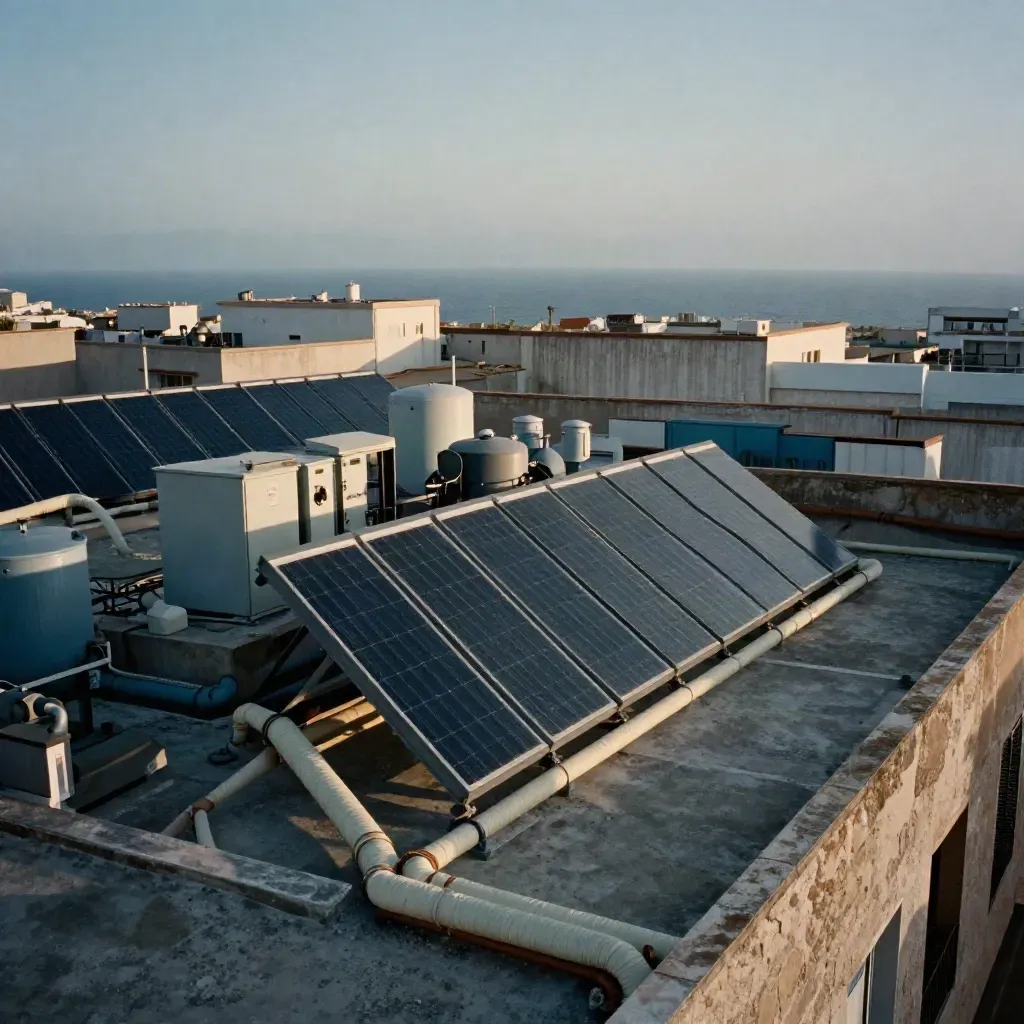 Cubierta hotelera en Málaga con colectores solares y depósitos de agua caliente, luz cálida de tarde.