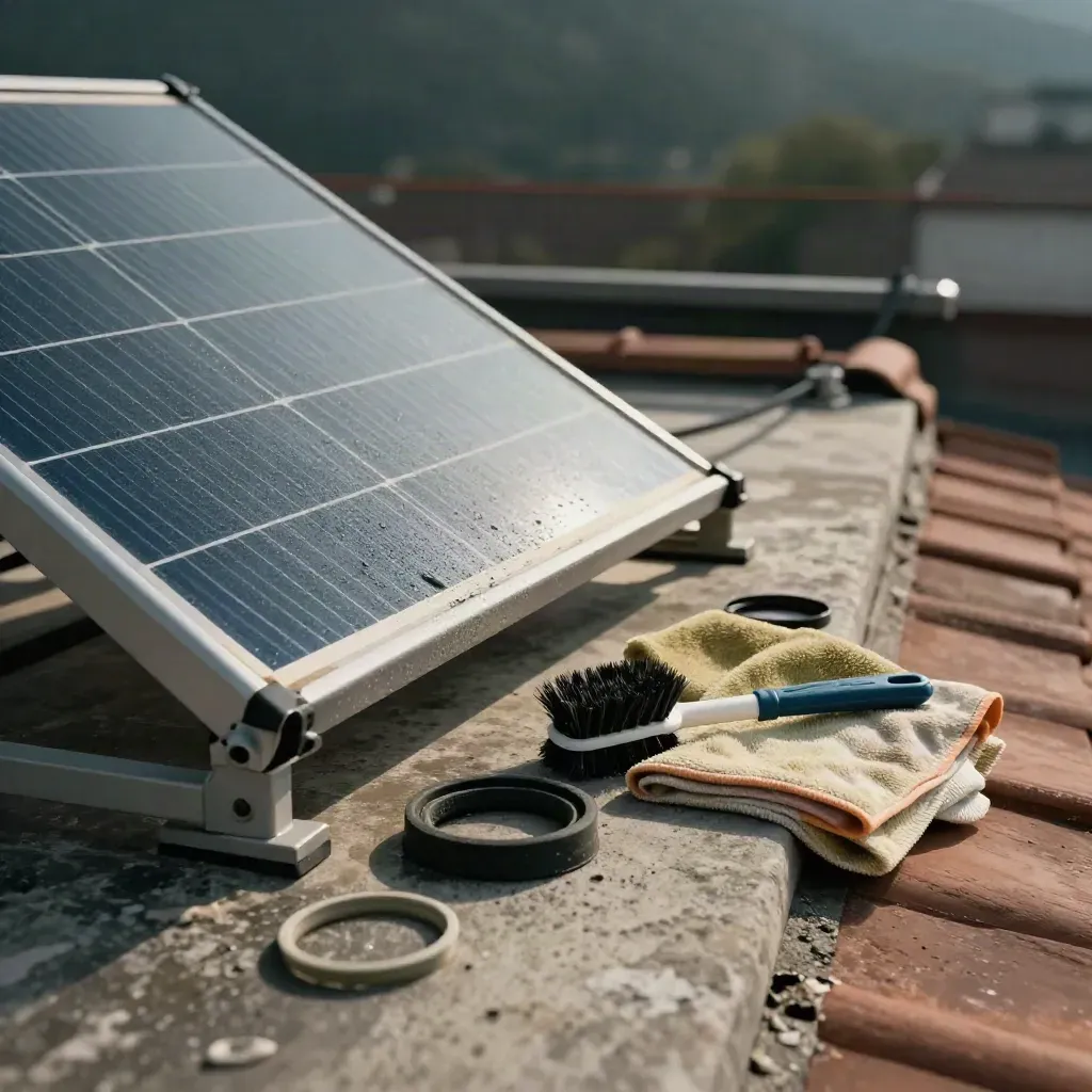 Borde de colector solar limpio con paño, junta, cepillo y funda en una azotea