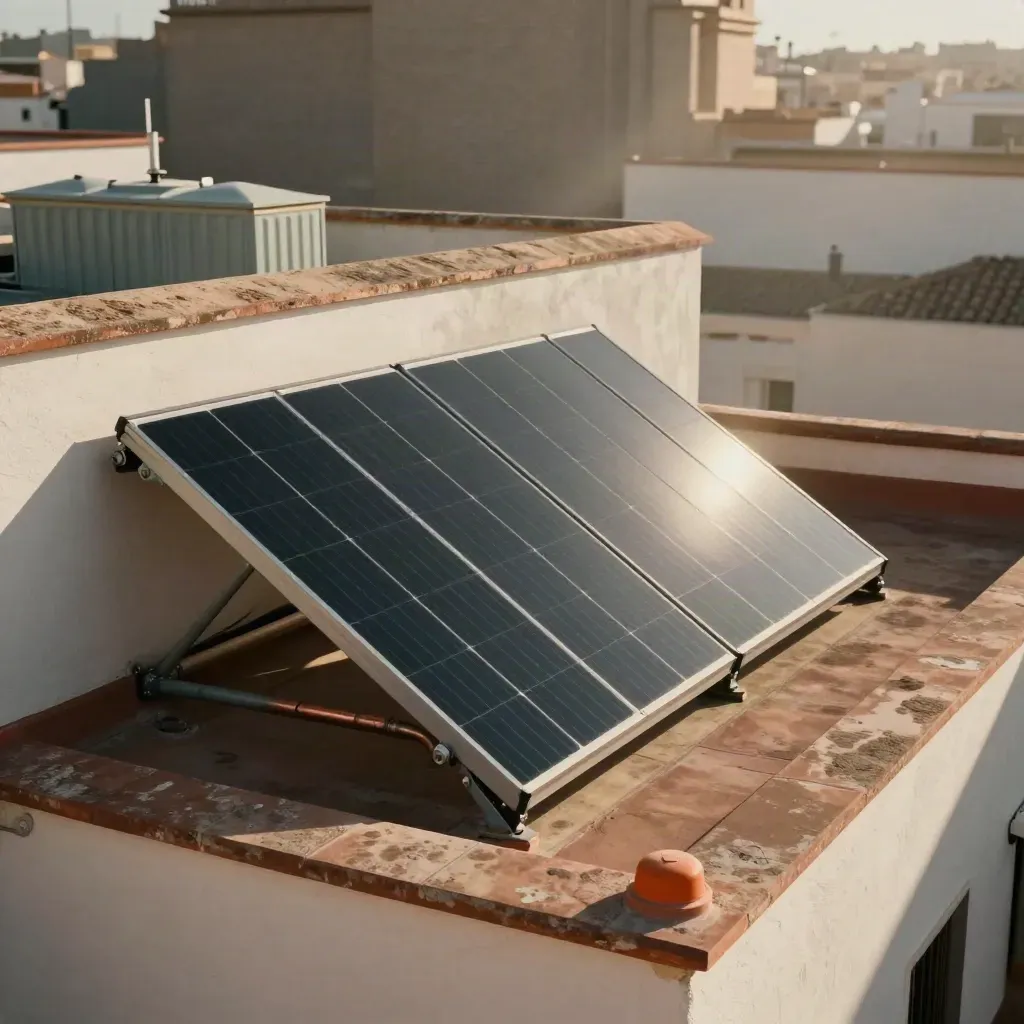 Sistema solar térmico en una azotea sevillana, con calor vibrando sobre los paneles.