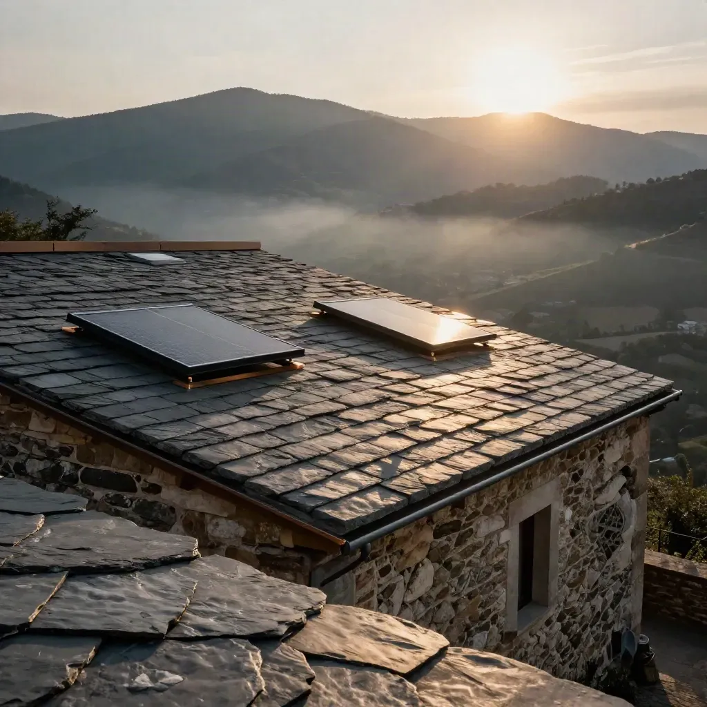 Cubierta de masía de piedra con colectores solares integrados y valle brumoso al atardecer