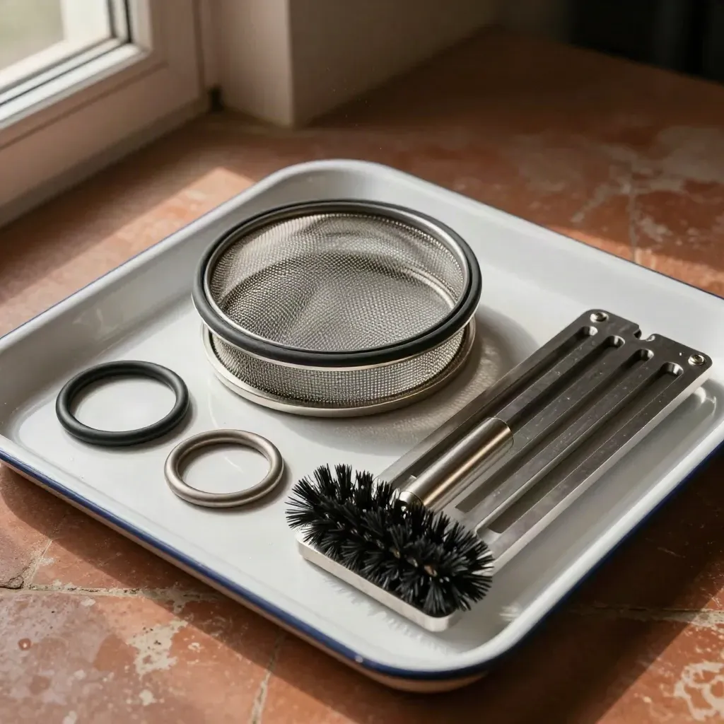 Kit de mantenimiento solar con malla, juntas y cepillo sobre bandeja esmaltada.