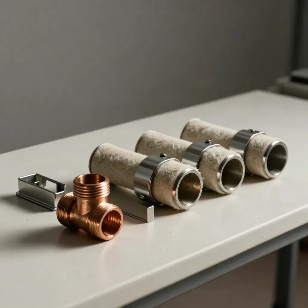 Kit de montaje solar con codos de cobre, tubos aislados, abrazaderas y piezas de remate sobre banco claro.