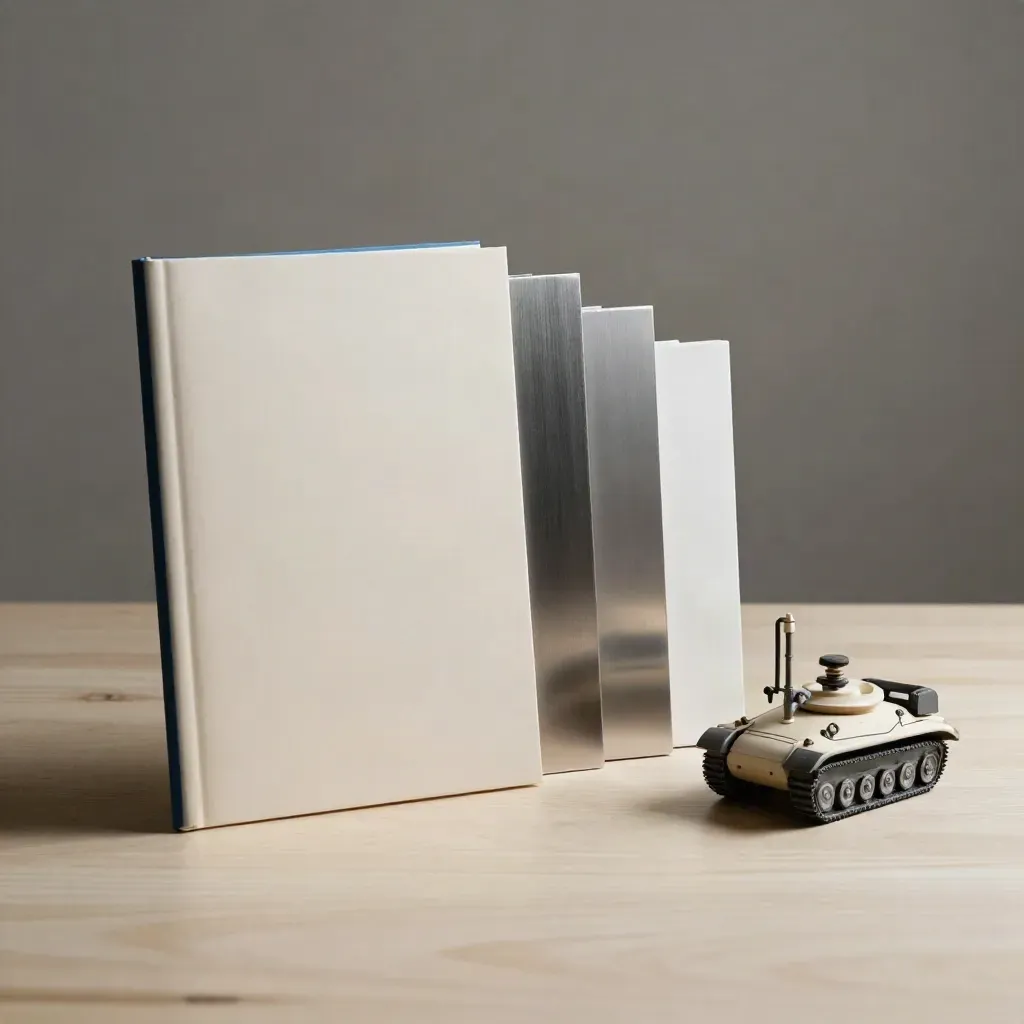 Carpeta de propuesta, muestras y maqueta de colector y depósito sobre madera clara.
