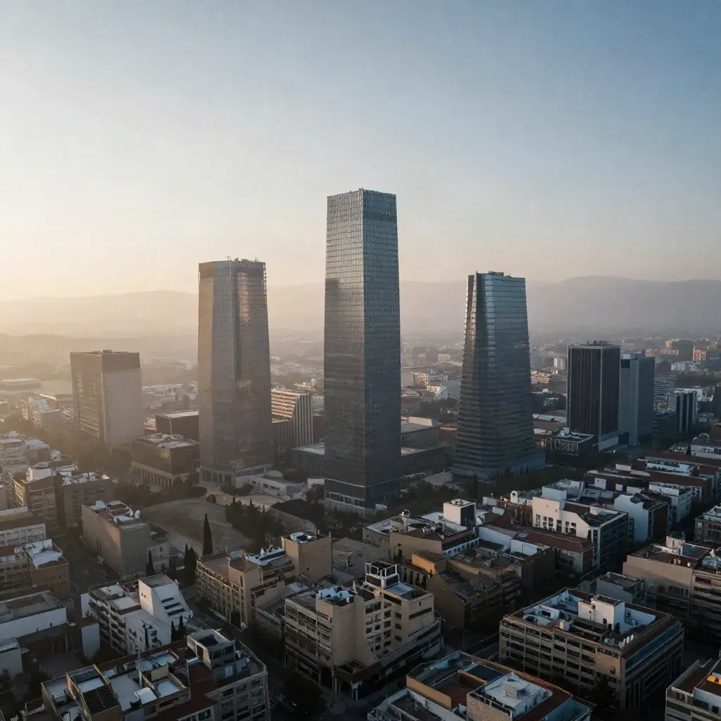 Torres Cuatro al amanecer sobre una Madrid difusa y brumosa, vista elevada y amplia.