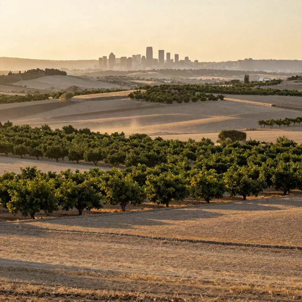 Huertos de naranjos en la llanura valenciana con skyline lejano al atardecer