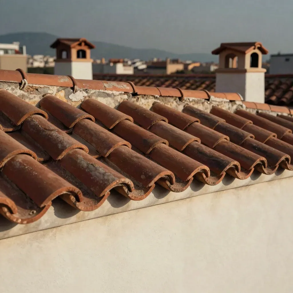 Tejas de terracota catalana y estuco claro con siluetas de Barcelona al fondo.