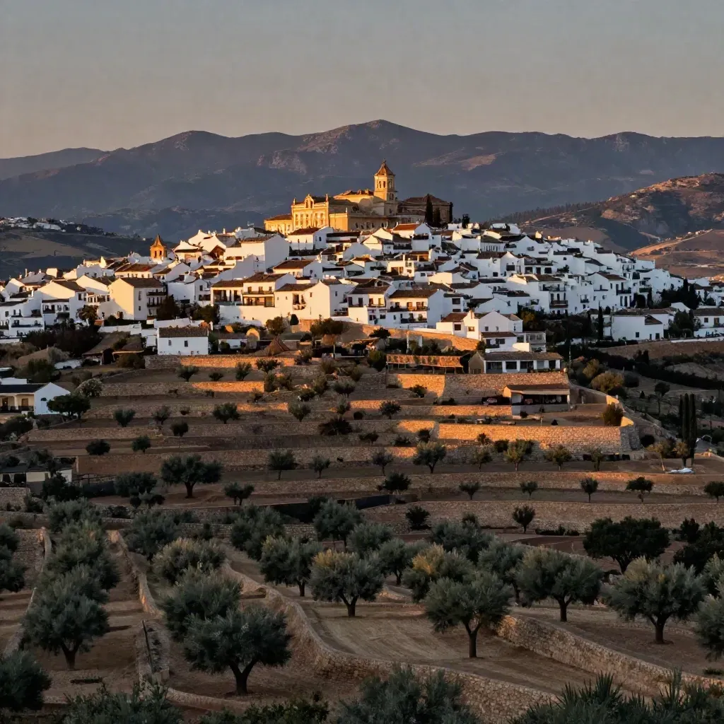 Terrazas de olivos con un pueblo blanco en una loma y Sierra Nevada al fondo.
