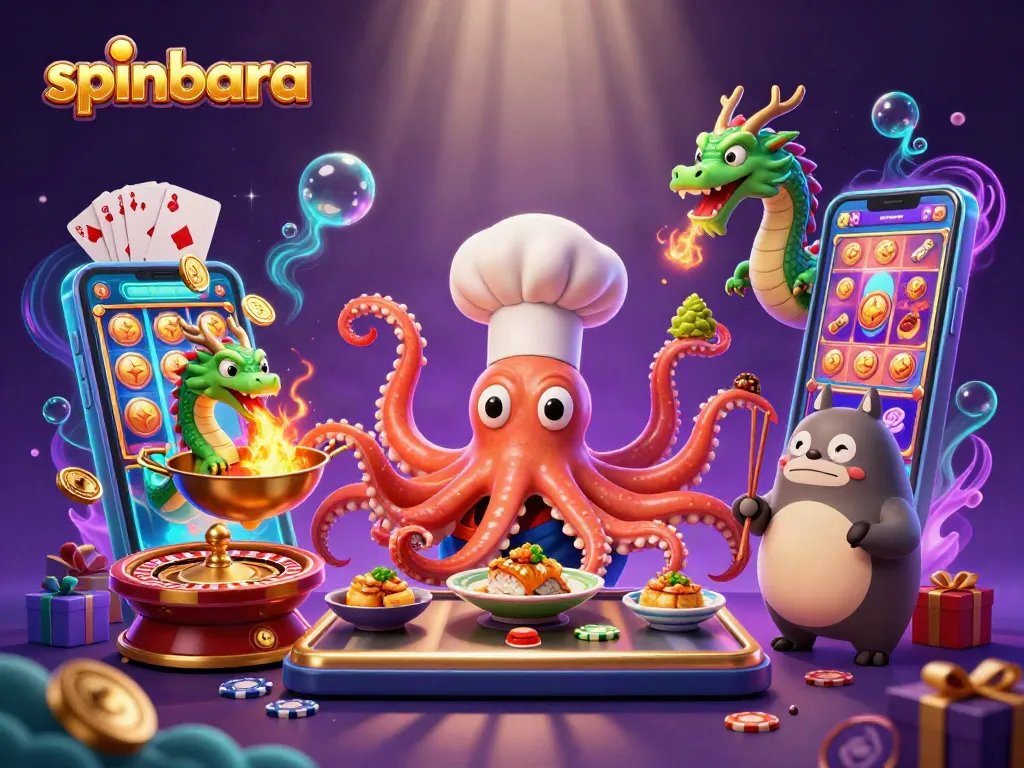 Spinbara casino promotion with a sushi chef octopus, a dragon, and vibrant game elements
