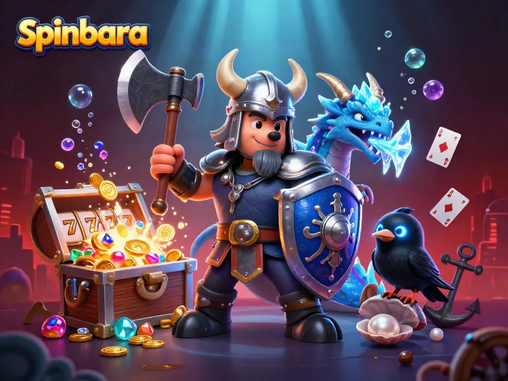 Engage with spinbara's thrilling gaming action featuring a Viking wolf warrior, fierce dragon, and vibrant slot elements.
